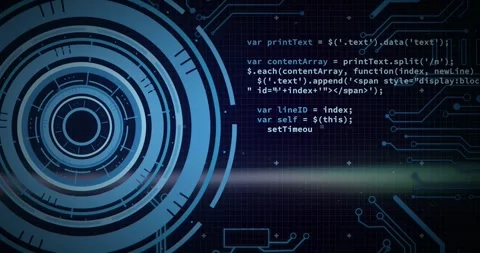 Blue concentric HUD pulsing as light band sweeps, revealing code to show system Stock Footage 329505947