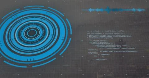 Blue concentric-ring interface glowing on dark display beside code block and Stock-Fotos