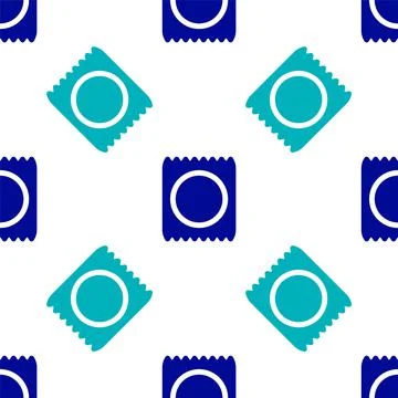 Blue Condom in package icon isolated seamless pattern on white background. Sa Stockillustratie