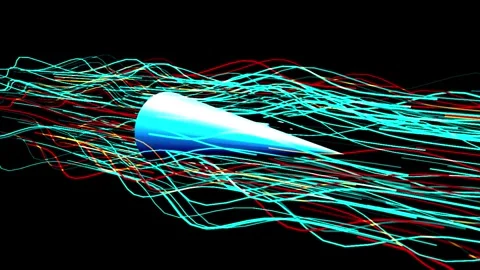 Blue Cone Aerodynamics Simulation with Swirling Fluid Dynamics Trails in Da.. Stock Footage 345671568
