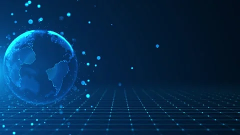 Blue connected globe IoT visual network icons, dotted earth, perspective grid fl Stock Footage 340526128