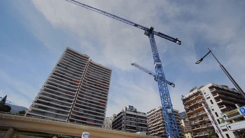 Blue Construction cranes in Monaco Against the background of tall buildings Stock Footage 95539074