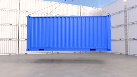 Blue container cargo container hanging on a crane hook Stock Footage 242684851