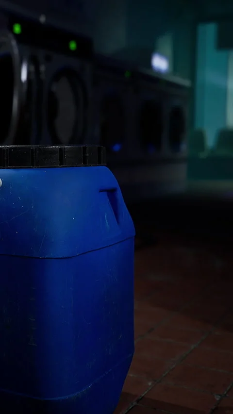 Blue container placed in a laundry room near washing machines during day Stock Footage 335099072