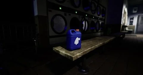 Blue container placed on wooden bench in dimly lit laundromat Stock Illustration