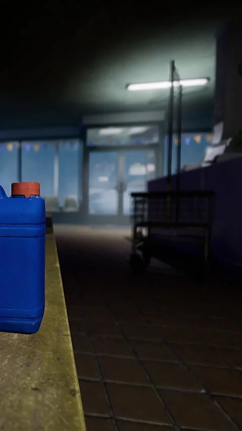 Blue container sits on a table in a dark store with empty shelves 库存影片 331644917