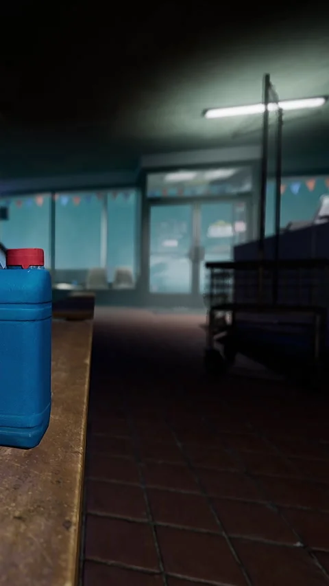 Blue container sits on table in empty room during evening hours 库存影片 339099675