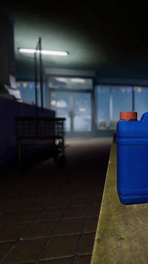 Blue container sits on table in store during evening time Stock Footage 331680535