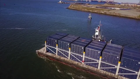 Blue Containers ship in the river 4K Stock Footage 70097338