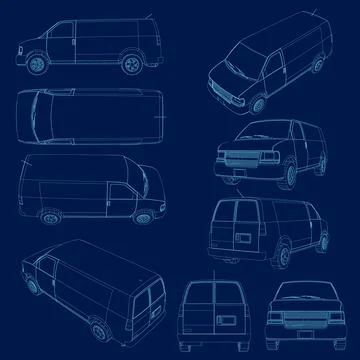 Blue contour van vector illustration. Isolated commercial vehicle on blue Stock Illustration