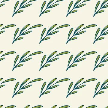 Blue contoured green branches elements seamless botanic pattern. Light grey b 스톡 일러스트