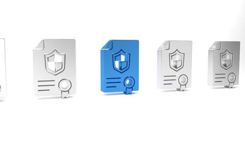 Blue Contract with shield icon isolated on white background. Insurance conc.. Illustrazione stock
