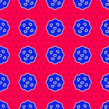 Blue Cookie or biscuit with chocolate icon isolated seamless pattern on red Stock Illustration