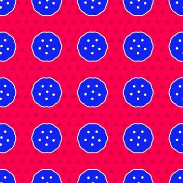 Blue Cookie or biscuit with chocolate icon isolated seamless pattern on red.. Stock Illustration