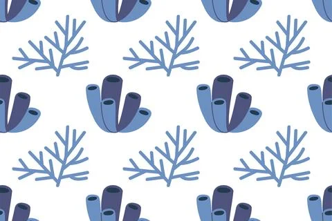 Blue coral seamless pattern with cute marine sponge and seaweed on white Illustrazione stock