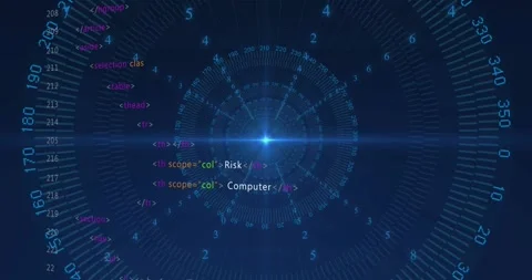 Blue core appearing, radial HUD rotating and pulsing while code column Stock Footage 330190850