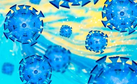 Blue coronavirus particles on turquoise and yellow abstract background Stock Illustration