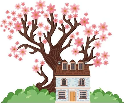Blue cottage under blooming cherry blossom tree, spring garden illustration Stock Illustration