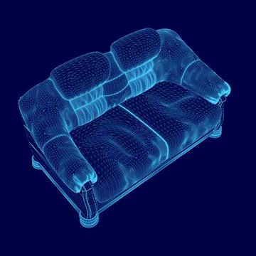 Blue couch with a blue background. The couch is a 3D of a sofa. The couch is Stock Illustration