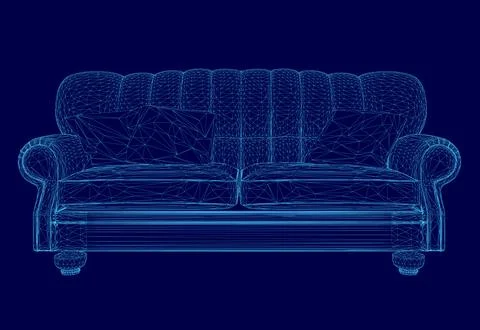 Blue couch with a blue background. The couch is a 3D rendering of a couch Stock Illustration