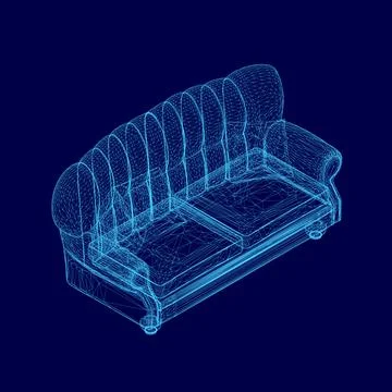 Blue couch with a blue background. The couch is shown in a 3D image. The couch Stock Illustration