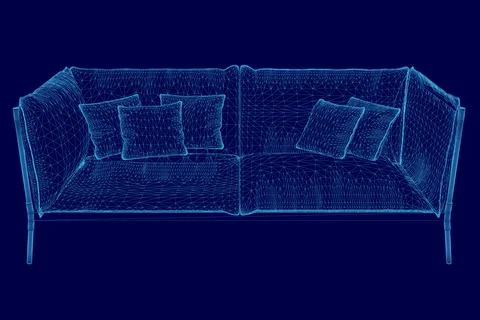 Blue couch with pillows on it. The couch is shown in a stylized way, with the Stock Illustration