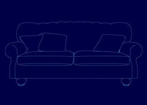 Blue couch with pillows on it. The couch is shown in a blue drawing Stock Illustration