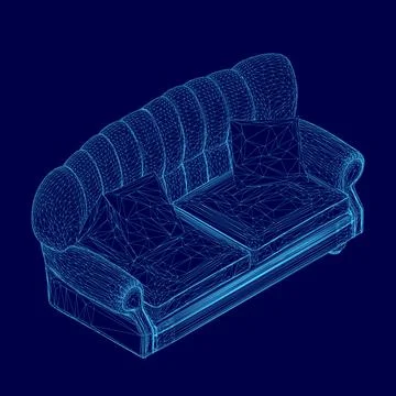 Blue couch with pillows on it. The couch is made of a material that looks like Stock Illustration