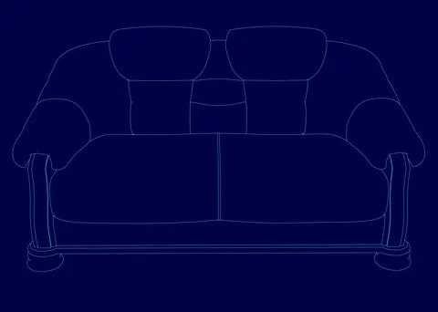 Blue couch with two pillows on it. The couch is shown in a blue drawing Stock Illustration