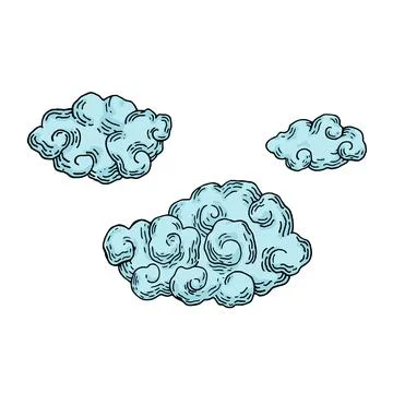 Blue could big and small retro old line art etching vector Stock Illustration