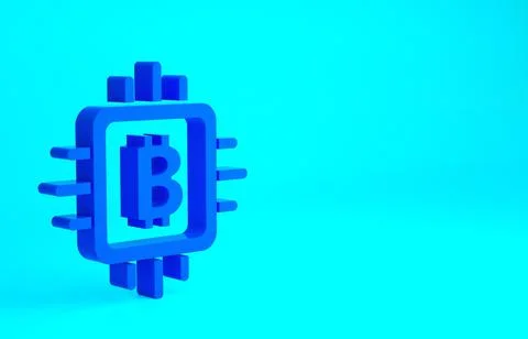 Blue CPU mining farm icon isolated on blue background. Bitcoin sign inside pr 스톡 일러스트