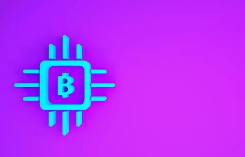 Blue CPU mining farm icon isolated on purple background. Bitcoin sign inside  Illustrazione stock