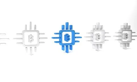 Blue CPU mining farm icon isolated on white background. Bitcoin sign inside p Stock Illustration