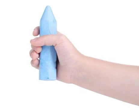 Blue crayon in child hand Stock Photos