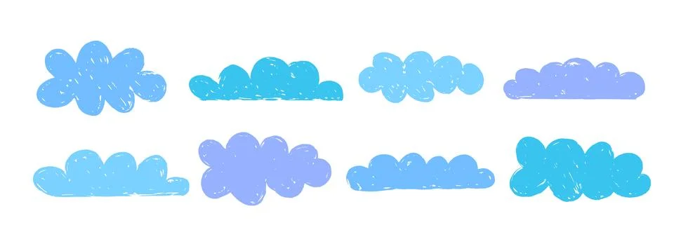 Blue crayon cloud shapes collection. Hand drawn doodle set. Rough scribbled Stock Illustration