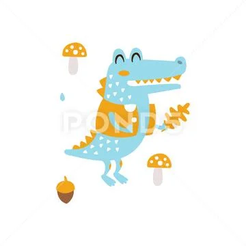 Blue Crocodile In Jacket Holding Oak Leaf Smiling In Autumn Standing Upright Stock Illustration