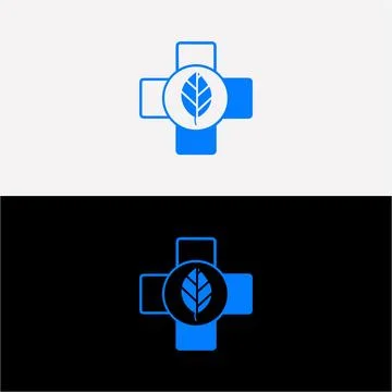 A blue cross with a leaf inside a circle is shown in blue. 스톡 일러스트