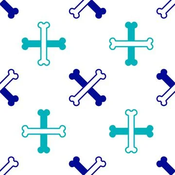 Blue Crossed bones icon isolated seamless pattern on white background. Pets food Stock Illustration