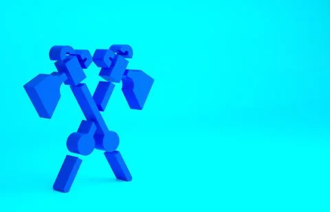 Blue Crossed medieval axes icon isolated on blue background. Battle axe, exec Stock Illustration
