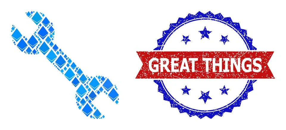 Blue Crystal Collage Spanner Icon and Unclean Bicolor Great Things Stamp Seal Stock Illustration