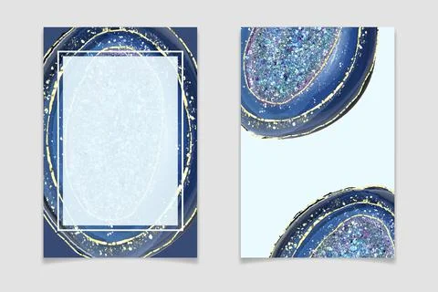 Blue crystal geode background with glitter and gold cracks. Hand drawn Stock Illustration