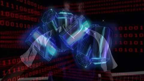 Blue crystal shapes and binary coding over african american male soccer player Stock Footage 330335210
