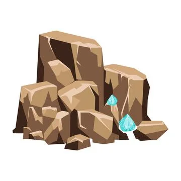 Blue crystals in rocks in flat design. Mining shiny diamonds in quarry. Vecto Illustrazione stock