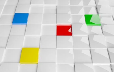Blue cube in above floor of white cubes, software module, teamwork or standin Stock Illustration