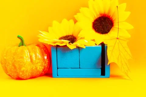 Blue cube calendar with space for your text on orange background Stock Photos