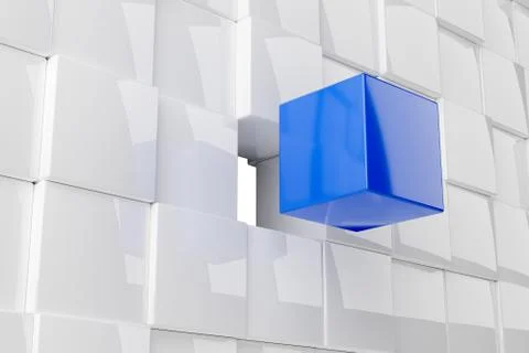 Blue cube in front of wall of white cubes, software module, teamwork or stand Stock Illustration