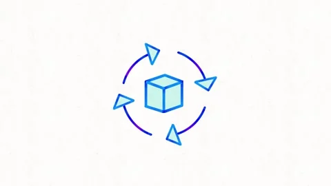 Blue Cube Surrounded by Circular Arrows on White Background Stockbeeldmateriaal 347144340
