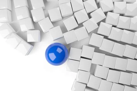 Blue cube on top of heap of white cubes over white background - software modu Stock Illustration