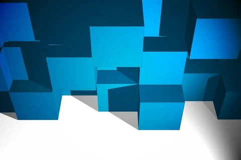 Blue cubes and rectangular prisms are floating over reflective surface in dark Stockillustratie