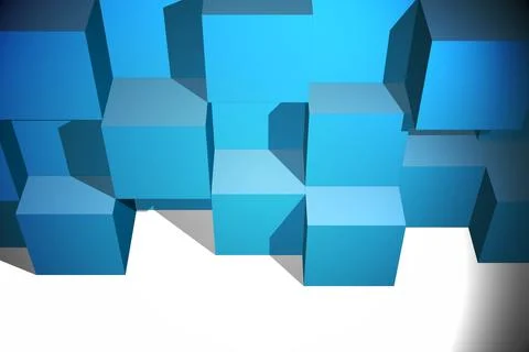 Blue cubes are floating above white plane in 3D render, casting soft shadows on Stock Illustration